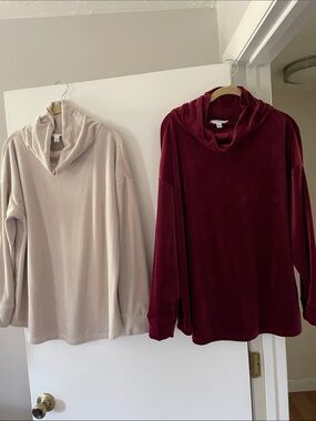 Time and Tru Soft Velvety Cowl Neck Sweaters - Burgundy and Light Beige
